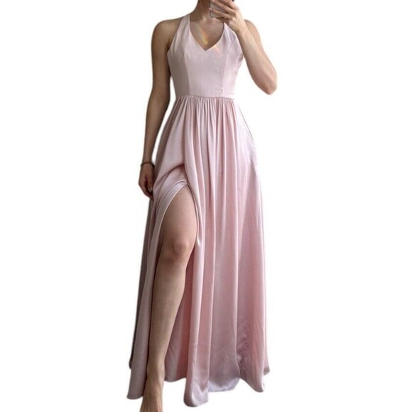 White by Vera Wang Maxi Dress Size 0 Blush Pink Satin Halter Bow Back Bridesmaid - Picture 10 of 12